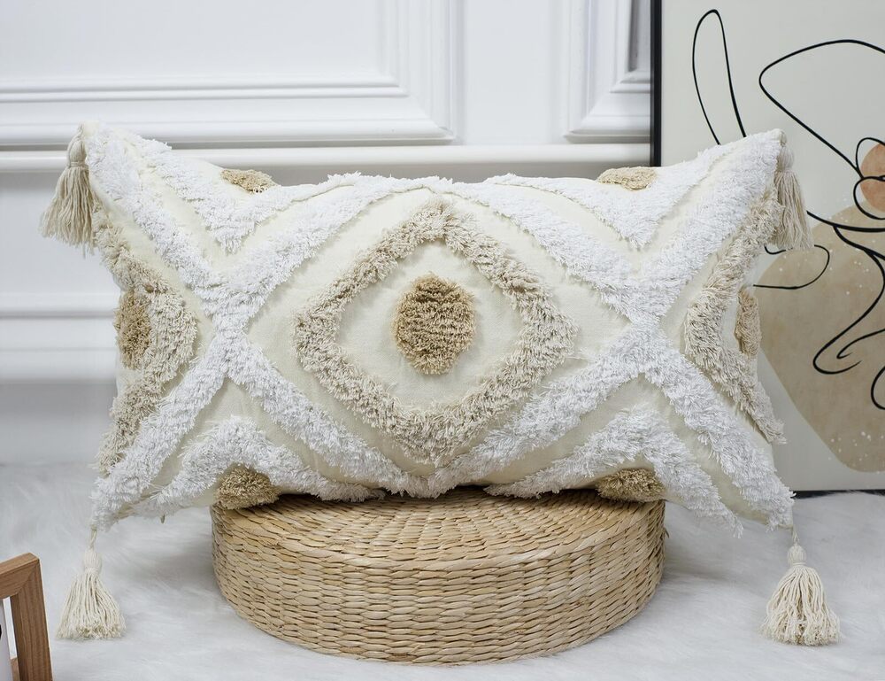1312 Modern Long Lumbar Throw Pillow Cover 14 x 22,Cotton and Linen Tufted